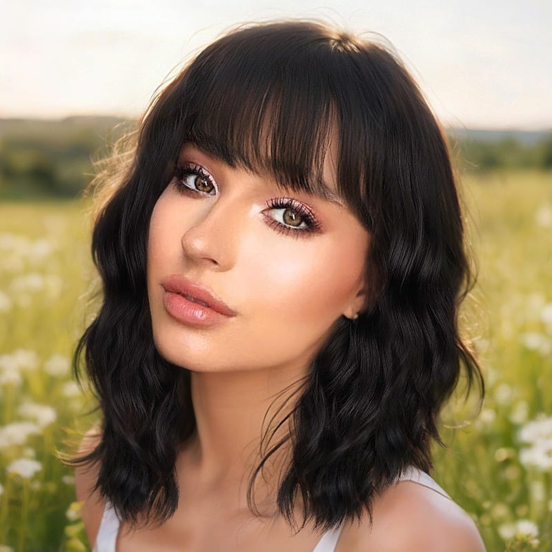 Nnzes Black Wavy Wigs with Bangs Womens Short Black Bob Wig Synthetic Natural Looking Heat Resistant Fiber Hair