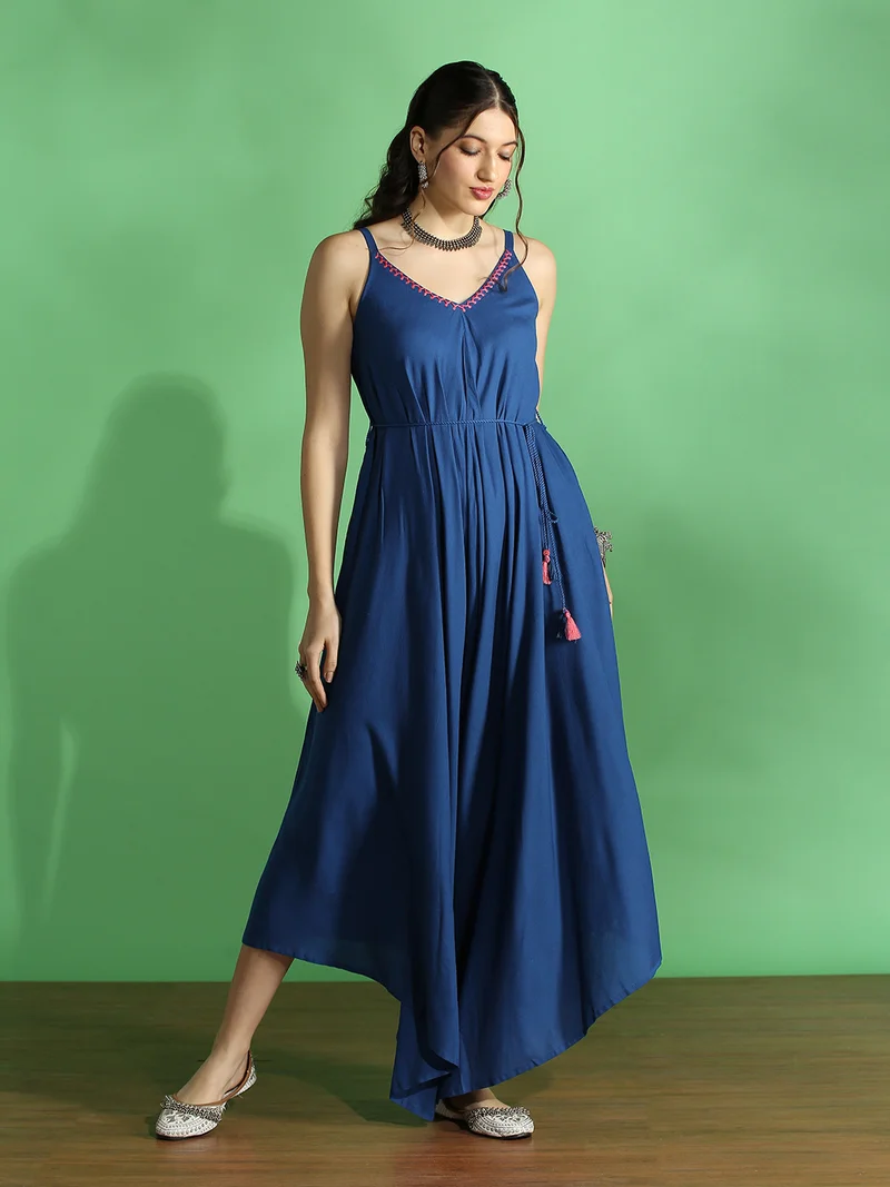 Globus Women Indigo Embroidered V-Neck Strappy Sleeve Waist Tie-Up Asymmetric Flared Hem Fusion Jumpsuit