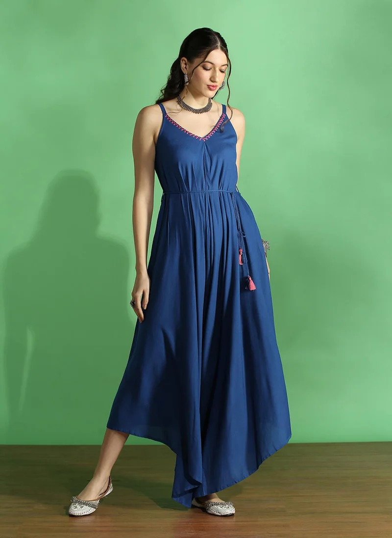 Globus Women Indigo Embroidered V-Neck Strappy Sleeve Waist Tie-Up Asymmetric Flared Hem Fusion Jumpsuit