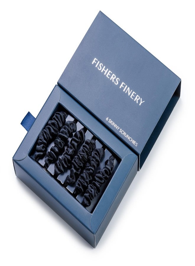Fishers Finery 25 Momme Pure Mulberry Silk Black Scrunchies | Skinny Silk Hair Ties (Black 6 Pk) - Image 1