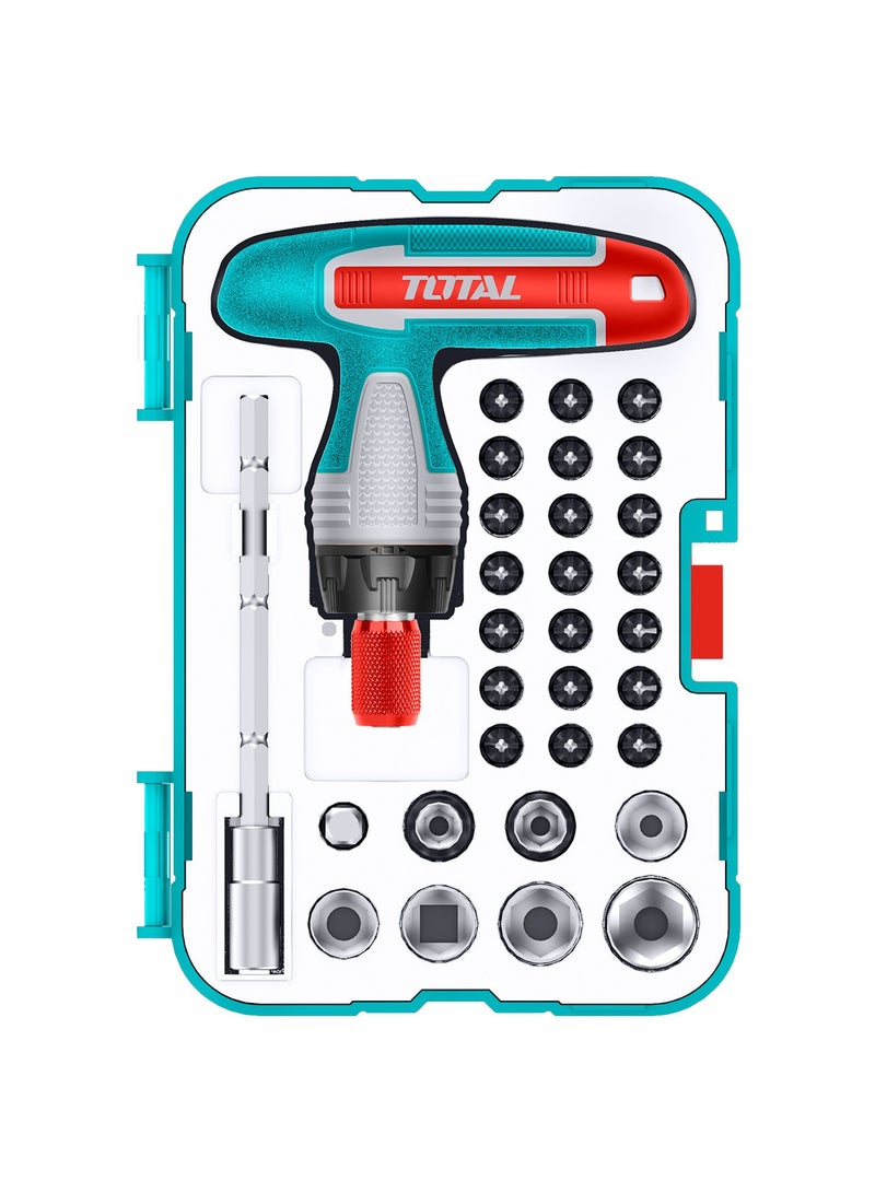 TOTAL TOTAL 31-Piece T-Handle Ratcheting Wrench Set with Magnetic Bit Holder, CR-V Steel Screwdriver Bits, 1/4" Sockets - Image 1