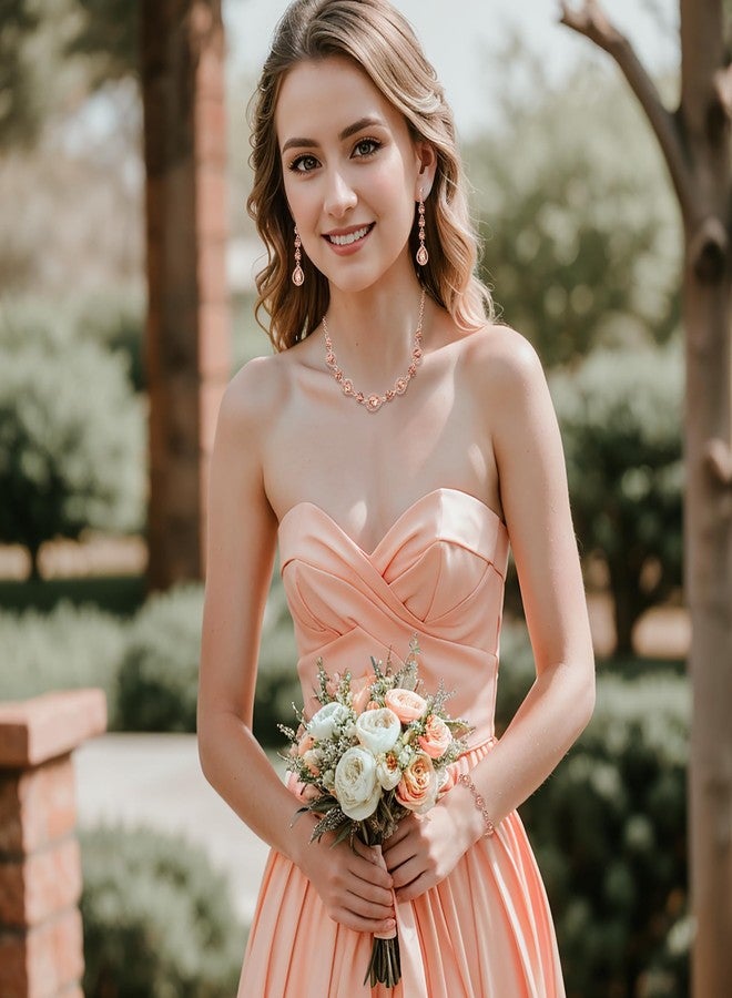 بريلوف طقم مجوهرات أنيق ولامع من بريلوف، يتألف من قلادة وسوار وأقراط بتصميم دمعة مرصعة بأحجار الراين، مناسب لفساتين السهرة، بلون الخوخ والذهبي الوردي. - Image 3