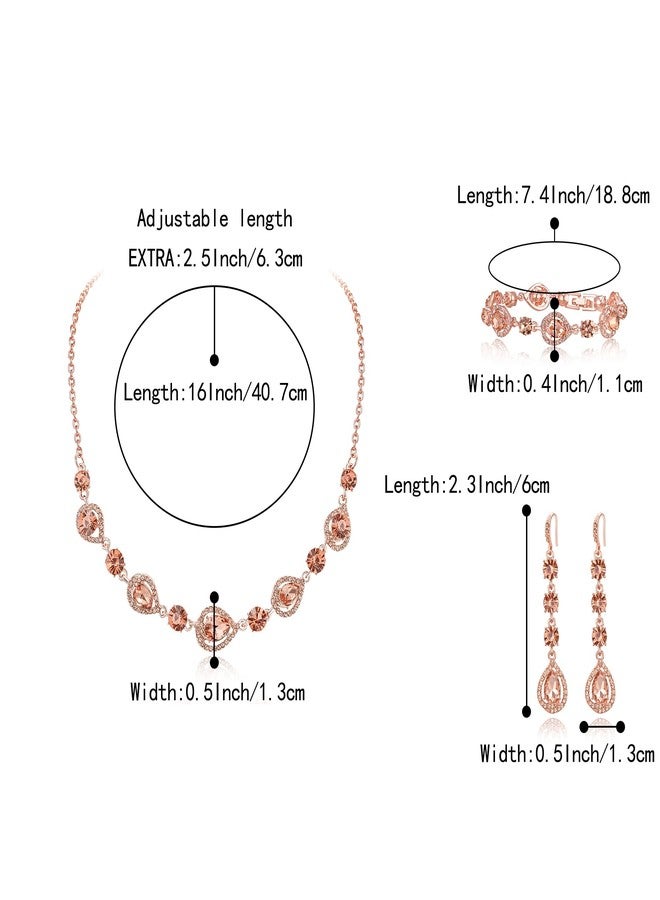 بريلوف طقم مجوهرات أنيق ولامع من بريلوف، يتألف من قلادة وسوار وأقراط بتصميم دمعة مرصعة بأحجار الراين، مناسب لفساتين السهرة، بلون الخوخ والذهبي الوردي. - Image 5