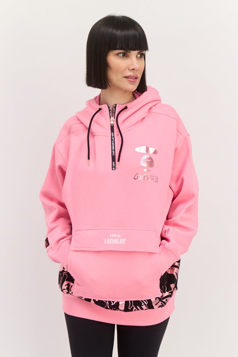 Aape By A Bathing Ape Women Printed Logo Half Zip Hoodie, Pink - Image 1