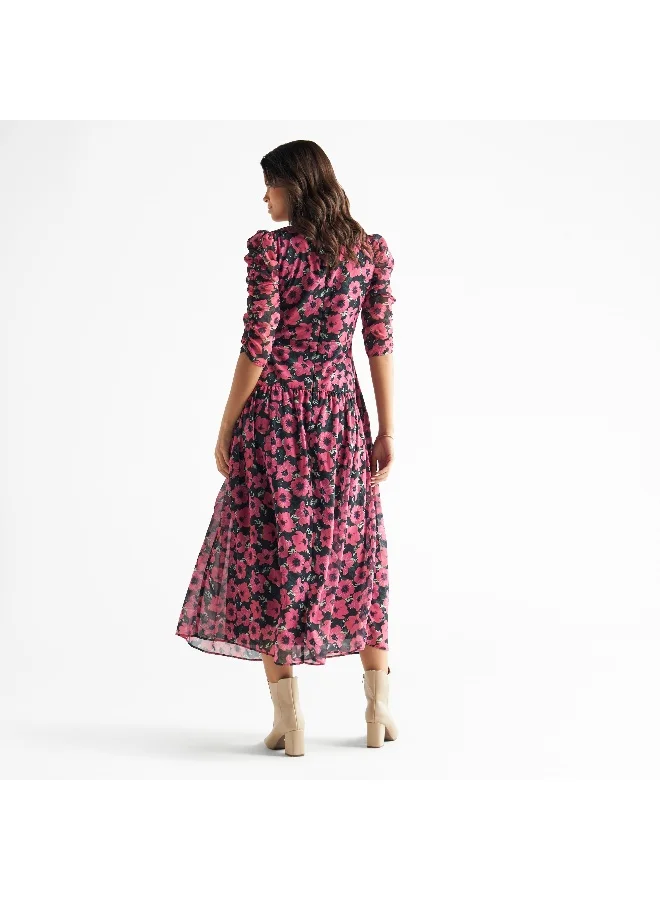 Splash FAV All-Over Floral Print Drop Waist Midi Dress with Ruched Detail
