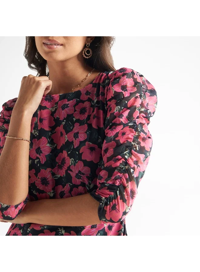 Splash FAV All-Over Floral Print Drop Waist Midi Dress with Ruched Detail