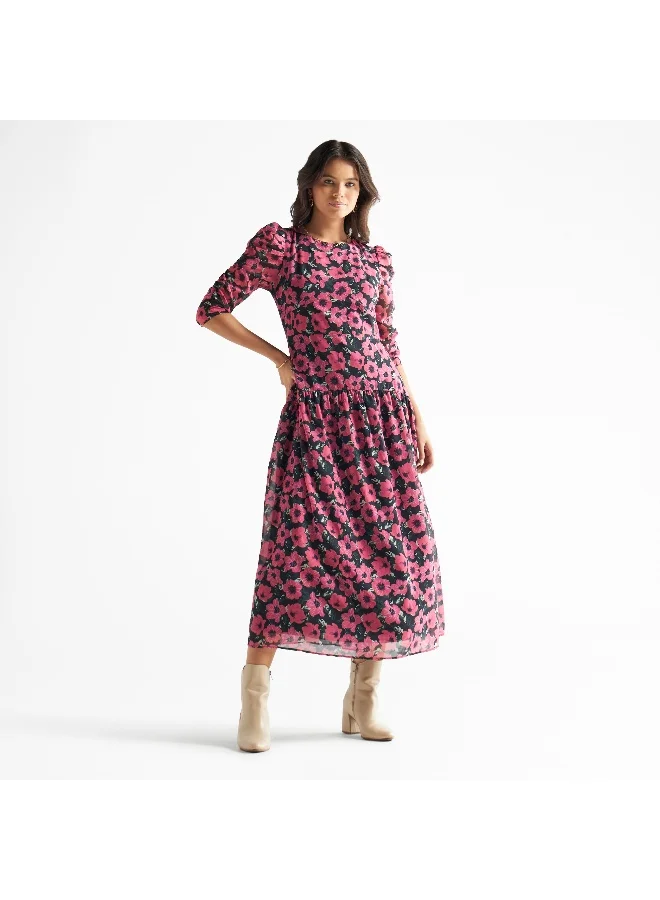 Splash FAV All-Over Floral Print Drop Waist Midi Dress with Ruched Detail