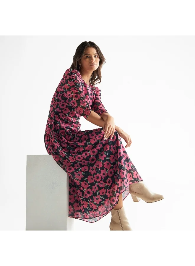 Splash FAV All-Over Floral Print Drop Waist Midi Dress with Ruched Detail