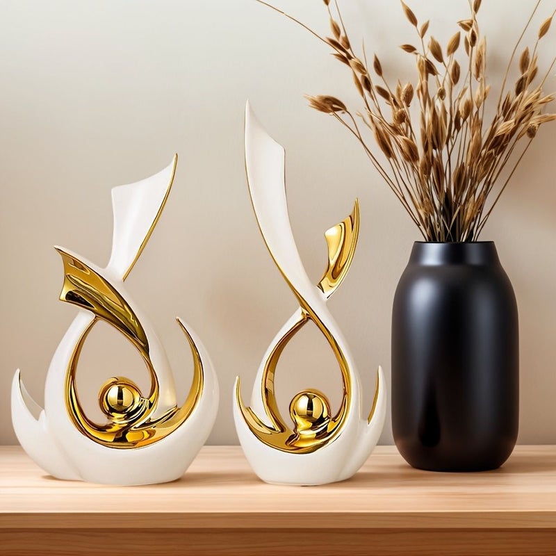 Set Of 2 Ceramic Decorative Pieces Golden And Jade House Ornaments Stylish Luxurious For Entryways Living Room TV Cabinet Office Decor Ideal Housewarming Gift - Image 1