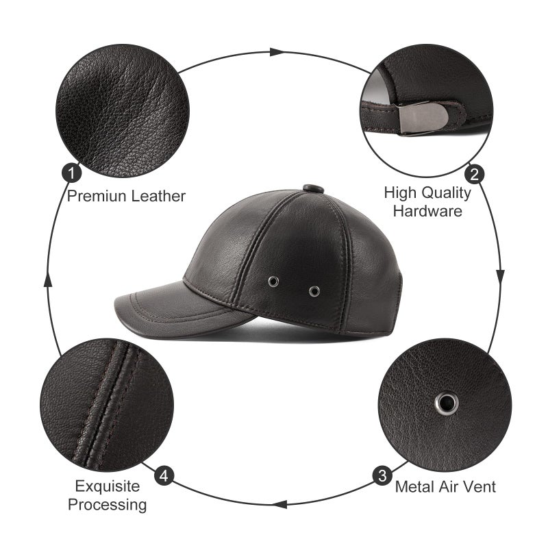 FEINION Men's Leather Hat Adjustable Genuine Leather Baseball Cap (Dark Brown) - Image 2