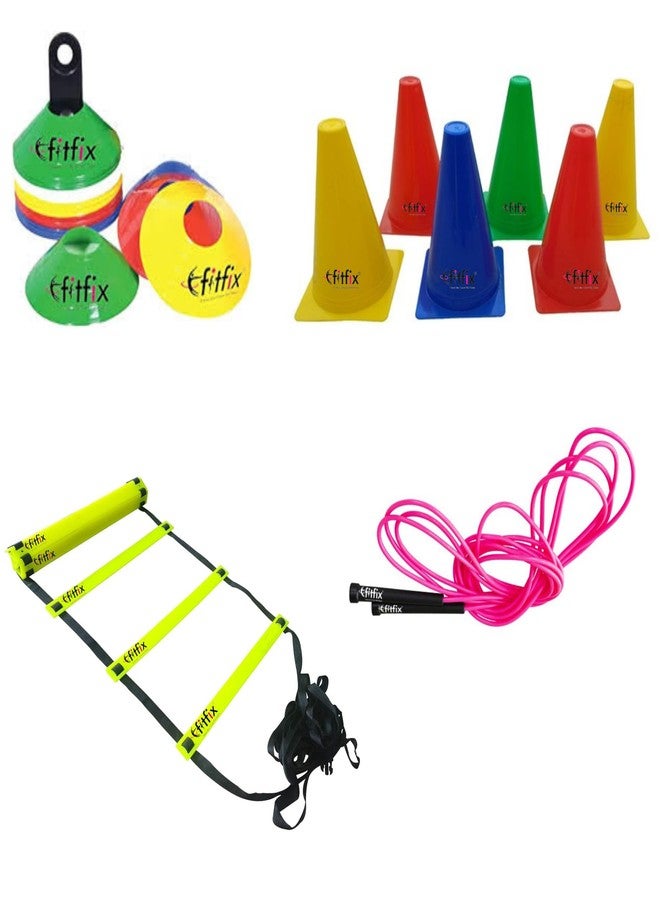FITFIX® 6 Inch Cones Pack 6,10 Space Markers, 4 Meter Ladder & Pencil Skipping Rope Agility Combo - Image 1