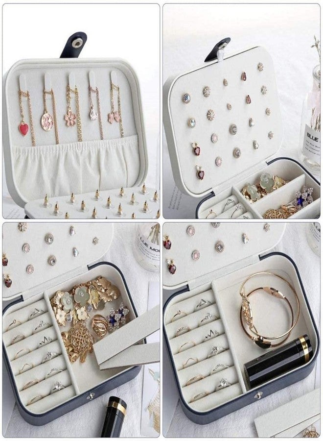 أوفيرا علبة تخزين مجوهرات محمولة للسفر من الجلد الصناعي من أوفيرا بوكس، مناسبة للخواتم والأقراط والقلائد والأساور، صندوق مجوهرات للبنات والسيدات (أزرق داكن وأبيض) - Image 4