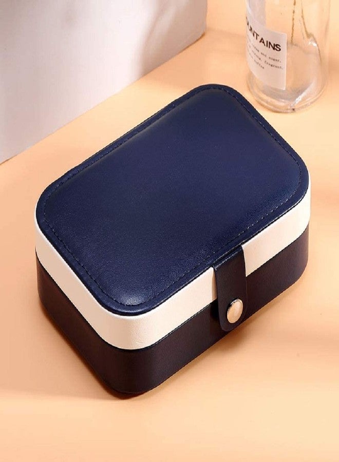 أوفيرا علبة تخزين مجوهرات محمولة للسفر من الجلد الصناعي من أوفيرا بوكس، مناسبة للخواتم والأقراط والقلائد والأساور، صندوق مجوهرات للبنات والسيدات (أزرق داكن وأبيض) - Image 1