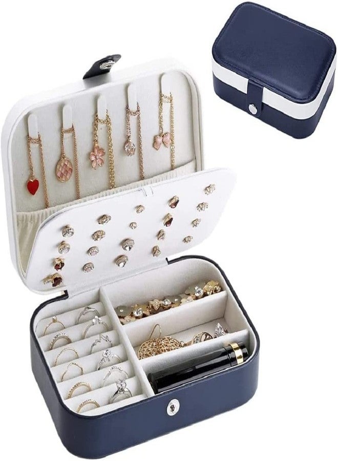 أوفيرا علبة تخزين مجوهرات محمولة للسفر من الجلد الصناعي من أوفيرا بوكس، مناسبة للخواتم والأقراط والقلائد والأساور، صندوق مجوهرات للبنات والسيدات (أزرق داكن وأبيض) - Image 3