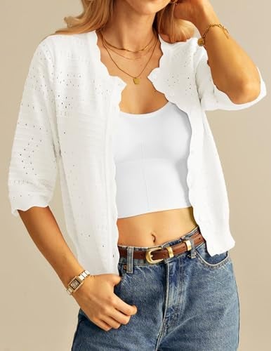 GRACE KARIN Cotton Cardigan for Women Lightweight Summer Cardigan White Sweater Cardigan 3/4 Sleeve Cropped Knit Cardigan L - Image 3