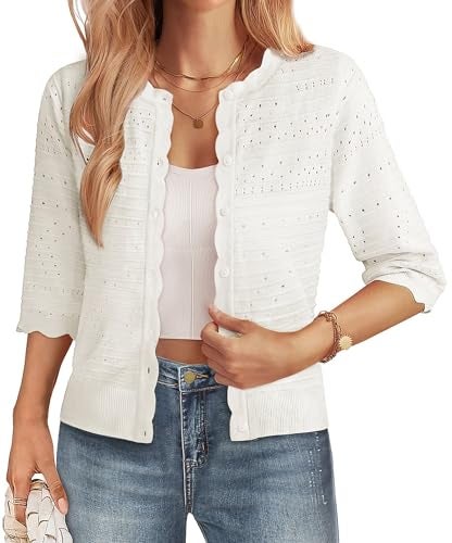 GRACE KARIN Cotton Cardigan for Women Lightweight Summer Cardigan White Sweater Cardigan 3/4 Sleeve Cropped Knit Cardigan L - Image 1