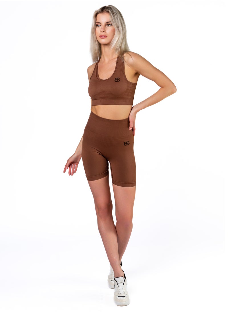 Bernessi Workout High Waisted Biker Shorts for Women Ladies Legging Shorts Athletic Running Yoga Gym Volleyball with Tummy Control Textured Brown  - Image 5