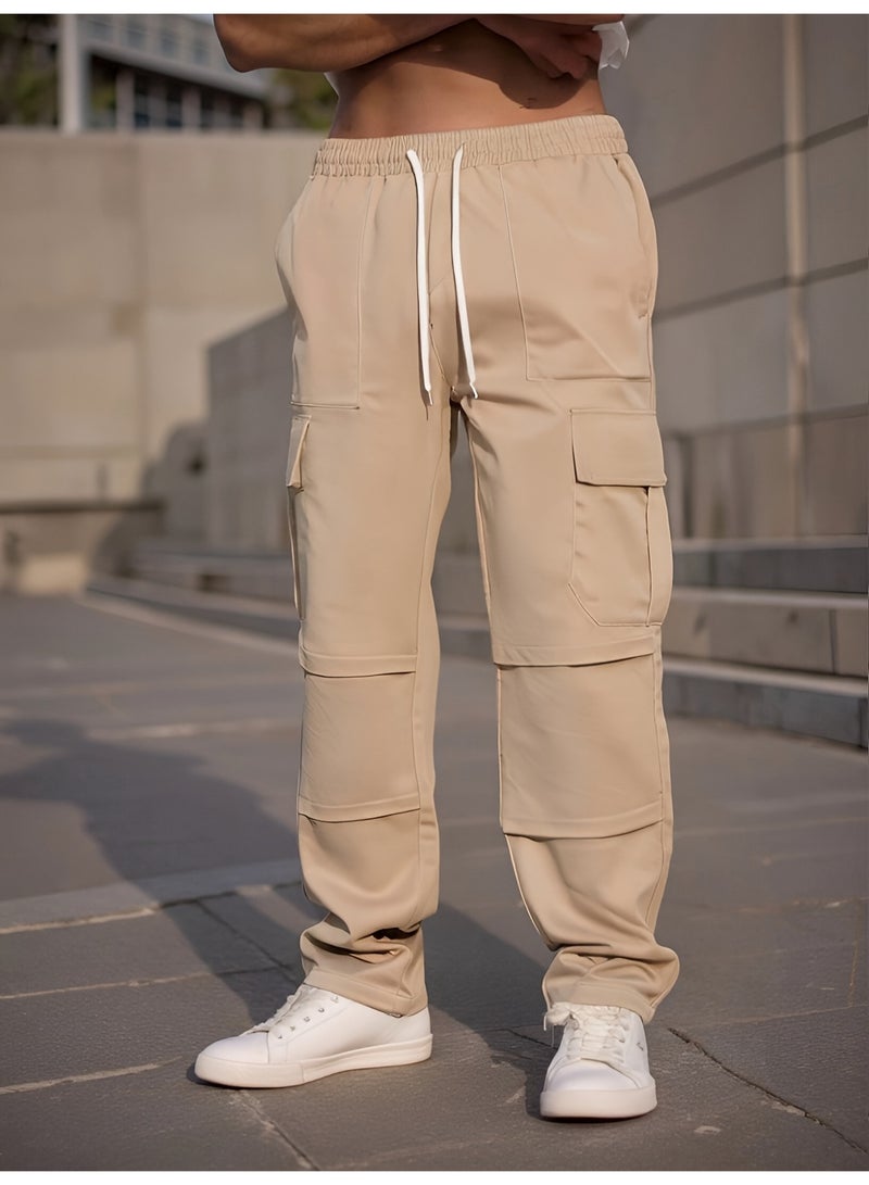 Men's Khaki Cargo Pants Multi Pocket Straight Leg Drawstring Casual Trousers - Image 2