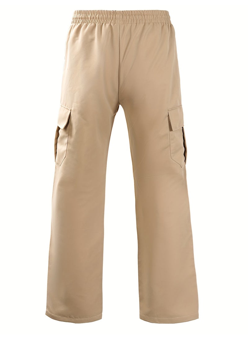 Men's Khaki Cargo Pants Multi Pocket Straight Leg Drawstring Casual Trousers - Image 5