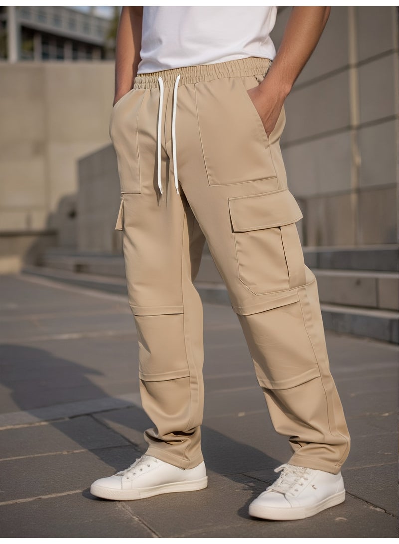 Men's Khaki Cargo Pants Multi Pocket Straight Leg Drawstring Casual Trousers - Image 1