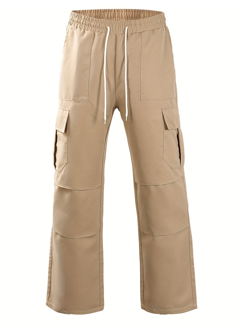 Men's Khaki Cargo Pants Multi Pocket Straight Leg Drawstring Casual Trousers - Image 4