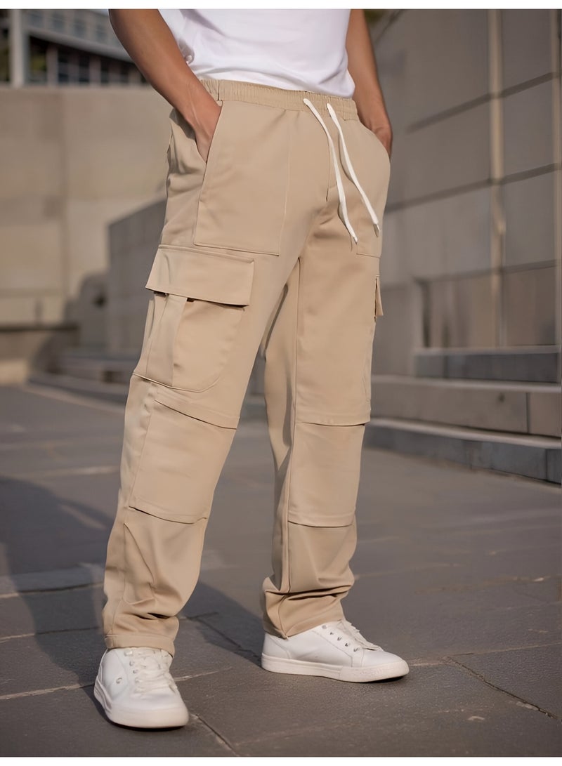 Men's Khaki Cargo Pants Multi Pocket Straight Leg Drawstring Casual Trousers - Image 3