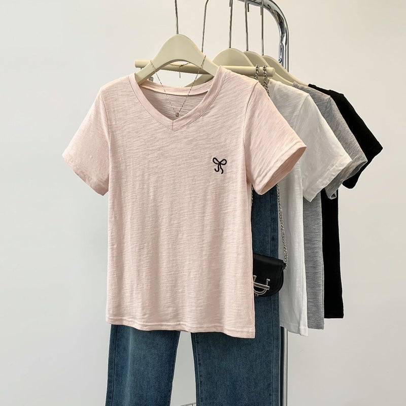 100 Slub Cotton Heart Collar Short-Sleeved T-Shirt Women'S 2024 Summer Bow Embroidery Slim-Fit Slimming T-Shirt Top - Image 3