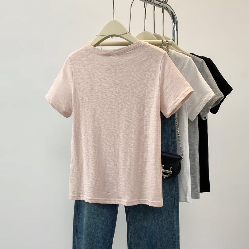 100 Slub Cotton Heart Collar Short-Sleeved T-Shirt Women'S 2024 Summer Bow Embroidery Slim-Fit Slimming T-Shirt Top - Image 4