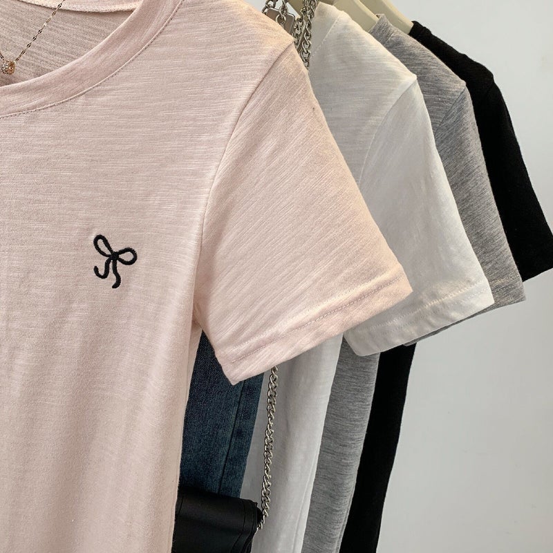 100 Slub Cotton Heart Collar Short-Sleeved T-Shirt Women'S 2024 Summer Bow Embroidery Slim-Fit Slimming T-Shirt Top - Image 5