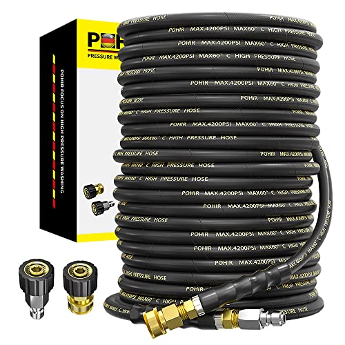 POHIR Power Washer Hose 100FT with 3/8'' Quick Connect, High Tensile Wire Braided Car Wash Water Hose with 2 Quick Connect Kits Compatible M22 14 mm, 1/4 Inch Hose for Pressure Washer, 4200 PSI - Image 1