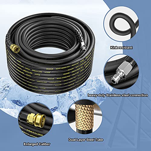 POHIR Power Washer Hose 100FT with 3/8'' Quick Connect, High Tensile Wire Braided Car Wash Water Hose with 2 Quick Connect Kits Compatible M22 14 mm, 1/4 Inch Hose for Pressure Washer, 4200 PSI - Image 2