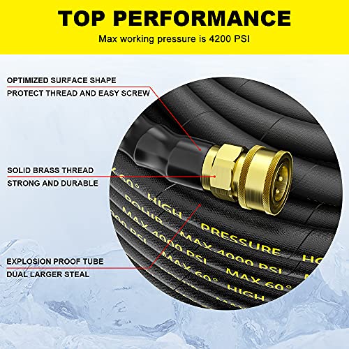 POHIR Power Washer Hose 100FT with 3/8'' Quick Connect, High Tensile Wire Braided Car Wash Water Hose with 2 Quick Connect Kits Compatible M22 14 mm, 1/4 Inch Hose for Pressure Washer, 4200 PSI - Image 4