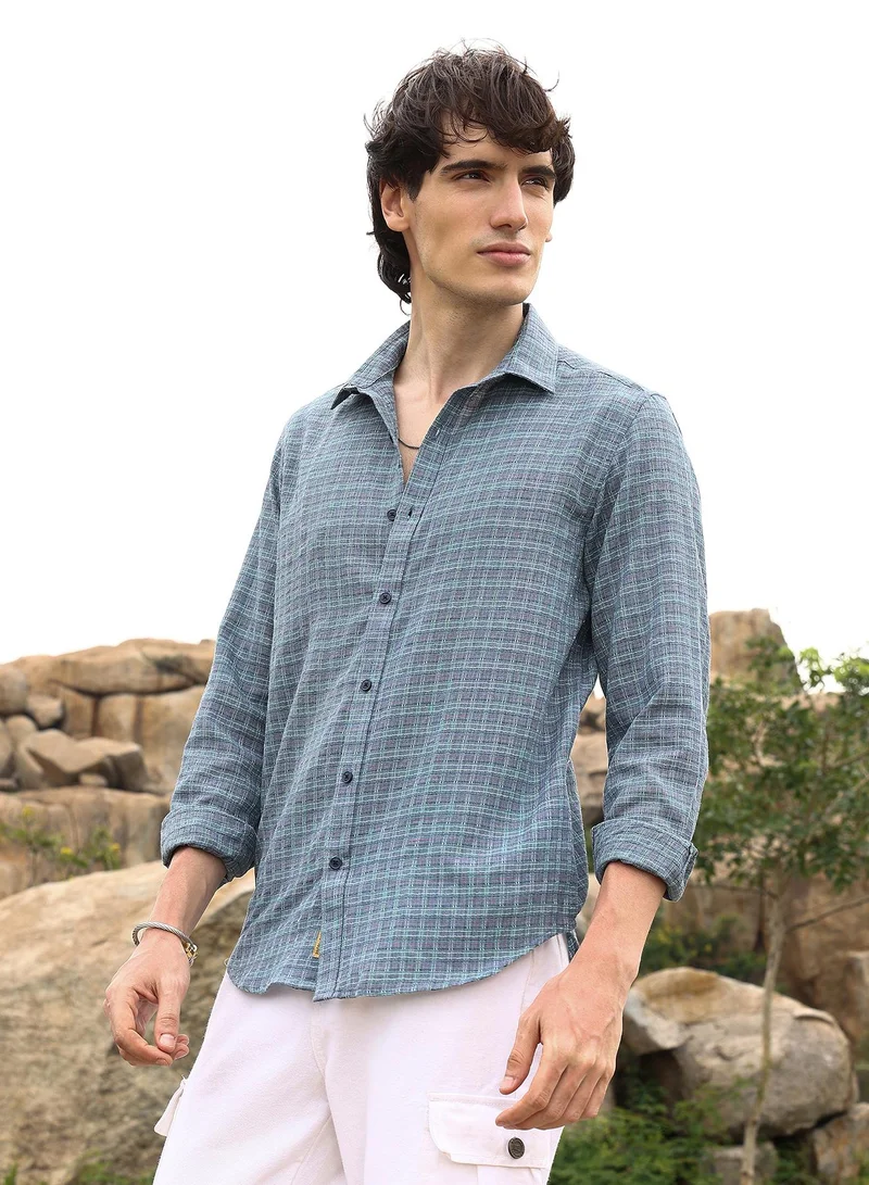 Campus Sutra Micro-Tartan Plaid Shirt