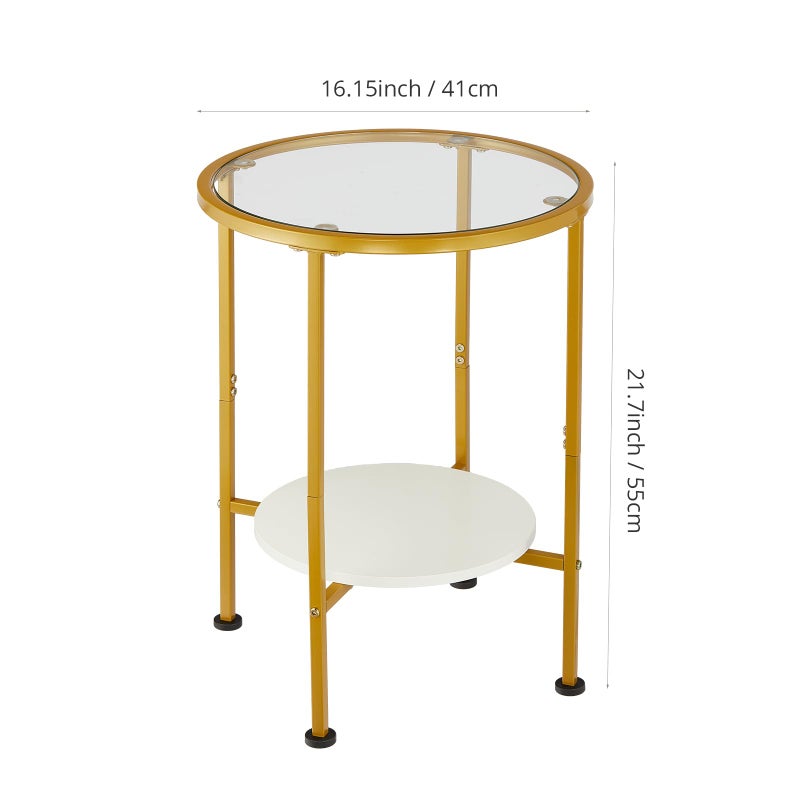 ZEXVIDA Round Gold Side Table, 2 Tier Tempered Glass Top End Table with White Storage Shelf for Living Room,Modern Small Nightstand for Bedroom,Metal Accent Bedside Table for Small Spaces - Image 3