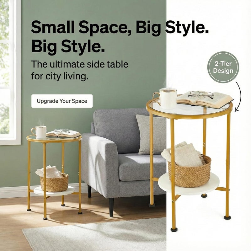 ZEXVIDA Round Gold Side Table, 2 Tier Tempered Glass Top End Table with White Storage Shelf for Living Room,Modern Small Nightstand for Bedroom,Metal Accent Bedside Table for Small Spaces - Image 2