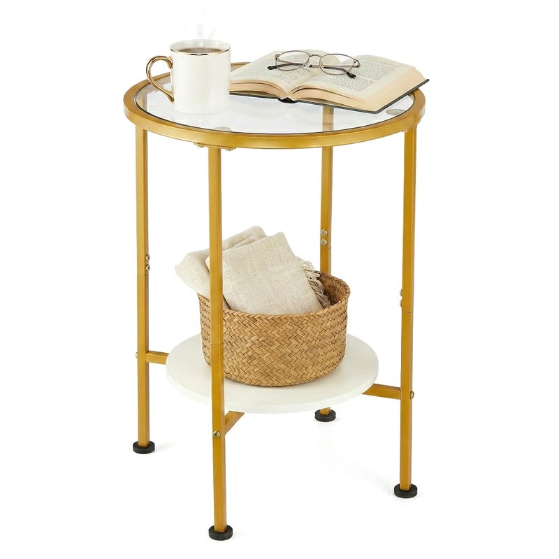 ZEXVIDA Round Gold Side Table, 2 Tier Tempered Glass Top End Table with White Storage Shelf for Living Room,Modern Small Nightstand for Bedroom,Metal Accent Bedside Table for Small Spaces - Image 1