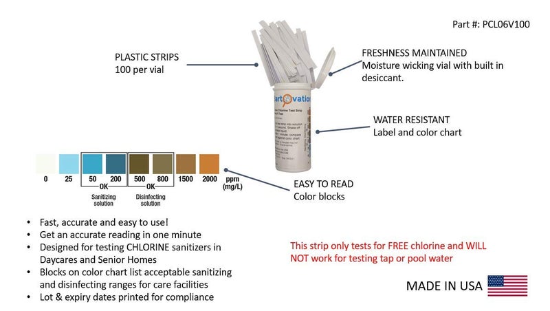 Bartovation Active Chlorine Bleach Test Strips, 0-2000 ppm [Vial of 100 Plastic Strips] Designed for Daycares and Senior Homes for Sanitizing and Disinfecting - Image 2