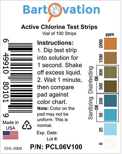Bartovation Active Chlorine Bleach Test Strips, 0-2000 ppm [Vial of 100 Plastic Strips] Designed for Daycares and Senior Homes for Sanitizing and Disinfecting - Image 5