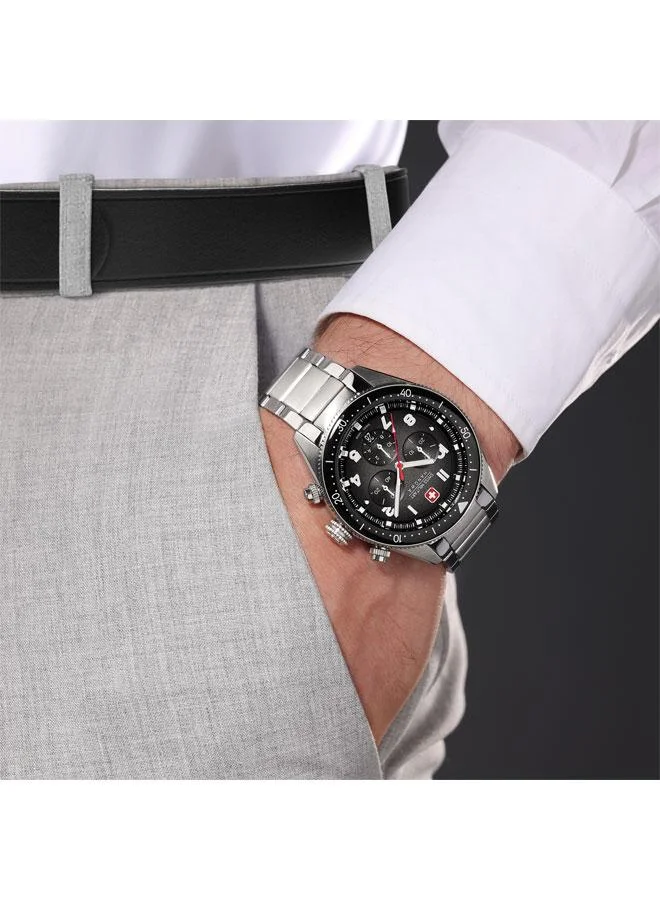 SWISS MILITARY HANOWA Greyhound Chrono 43mm Men's Watch with Black Dial & Stainless Steel Bracelet