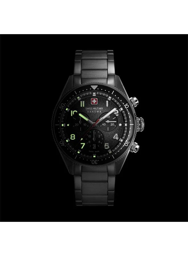 SWISS MILITARY HANOWA Greyhound Chrono 43mm Men's Watch with Black Dial & Stainless Steel Bracelet