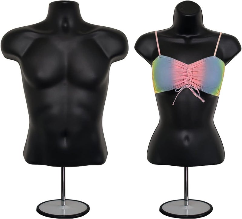 DisplayTown Male and Female Mannequin Torso with Metal Stand Hollow Back Body Stackable Dress Form for Tshirt Display Countertop Craft Shows SM Size Black Set of 1