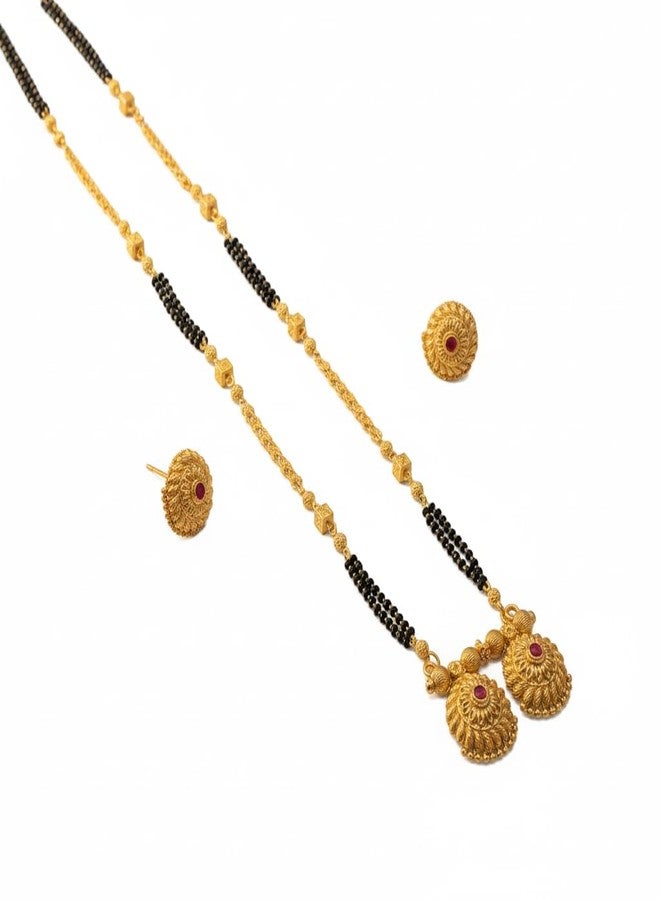 AAIKU Traditional Maharashtrian 36 Inch Long Mangalsutra with Round Pendant & Floral Stud Earrings | Antique Gold Plated Chain Stylish Jewelry for Women & Girls Mangal Sutra (Vati 3) - Image 1