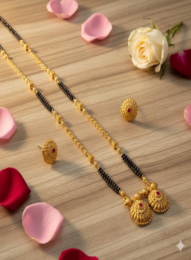 AAIKU Traditional Maharashtrian 36 Inch Long Mangalsutra with Round Pendant & Floral Stud Earrings | Antique Gold Plated Chain Stylish Jewelry for Women & Girls Mangal Sutra (Vati 3) - Image 3
