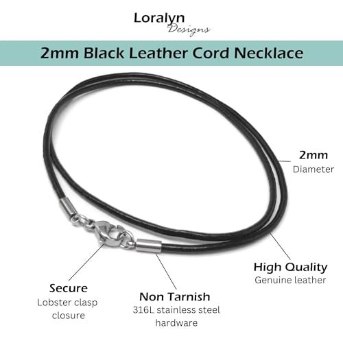 Loralyn Designs Black Leather Necklace (2mm) with Stainless Steel Clasps (16 Inch) - Image 2