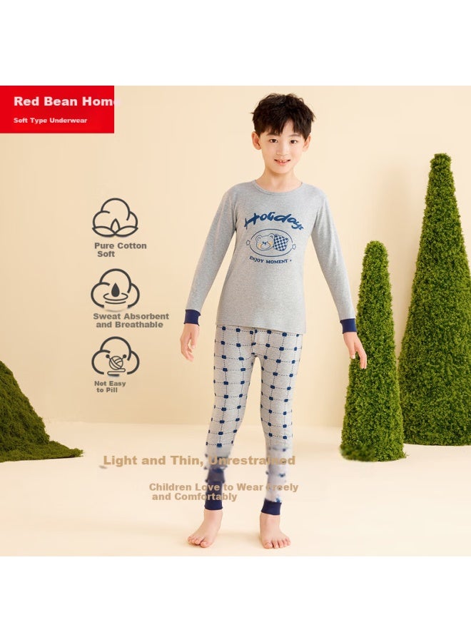 HOdo Home Hodohome Children's Autumn Underwear Set For Boys, Pure Cotton Antibacterial Thin Thermal Underwear For Older Boys, Style 101 Size 165 - Image 1