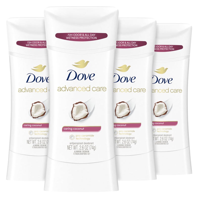 Dove Advanced Care Antiperspirant Deodorant Stick Caring Coconut 4 ct for helping your skin barrier repair after shaving 72-hour odor control and sweat protection with Pro-Ceramide Technology 2.6 oz - Image 1
