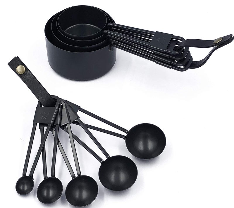 Xinli Measuring cup and spoon set Stainless steel with durable powder coating in Black plus attached with black leather