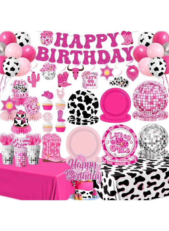 YTGUVBK Cowgirl Birthday Party Decorations, 222Pcs Disco Cowgirl Party Decorations Plates Napkins Cups Banner Hanging Swirl Tablecloth Balloons Cake Topper for Western Cowgirl Bachelorette Party Decorations - Image 1
