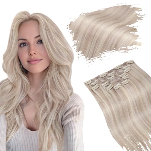 Ugeat Hair Extensions Clip ins Blonde Highlights Clip in Hair Extensions Real Human Hair Ash Blonde Highlights Bleach Blonde Human Hair Clip in Extensions Full Head 14 Inch 105g 7pcs