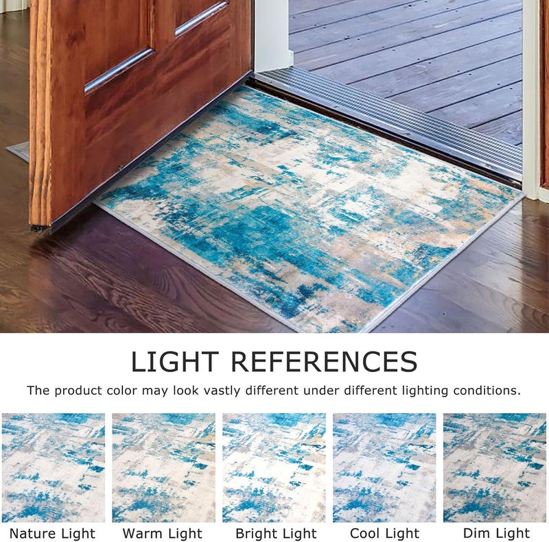 KOZYFLY Modern Abstract Runner 5x15cm Turquoise Beige Grey Yellow Runner Hallway Kitchen Rug Non-Slip Washable Carpet Runner Laundry Mat with Soft Low Pile for Entryway - Image 4